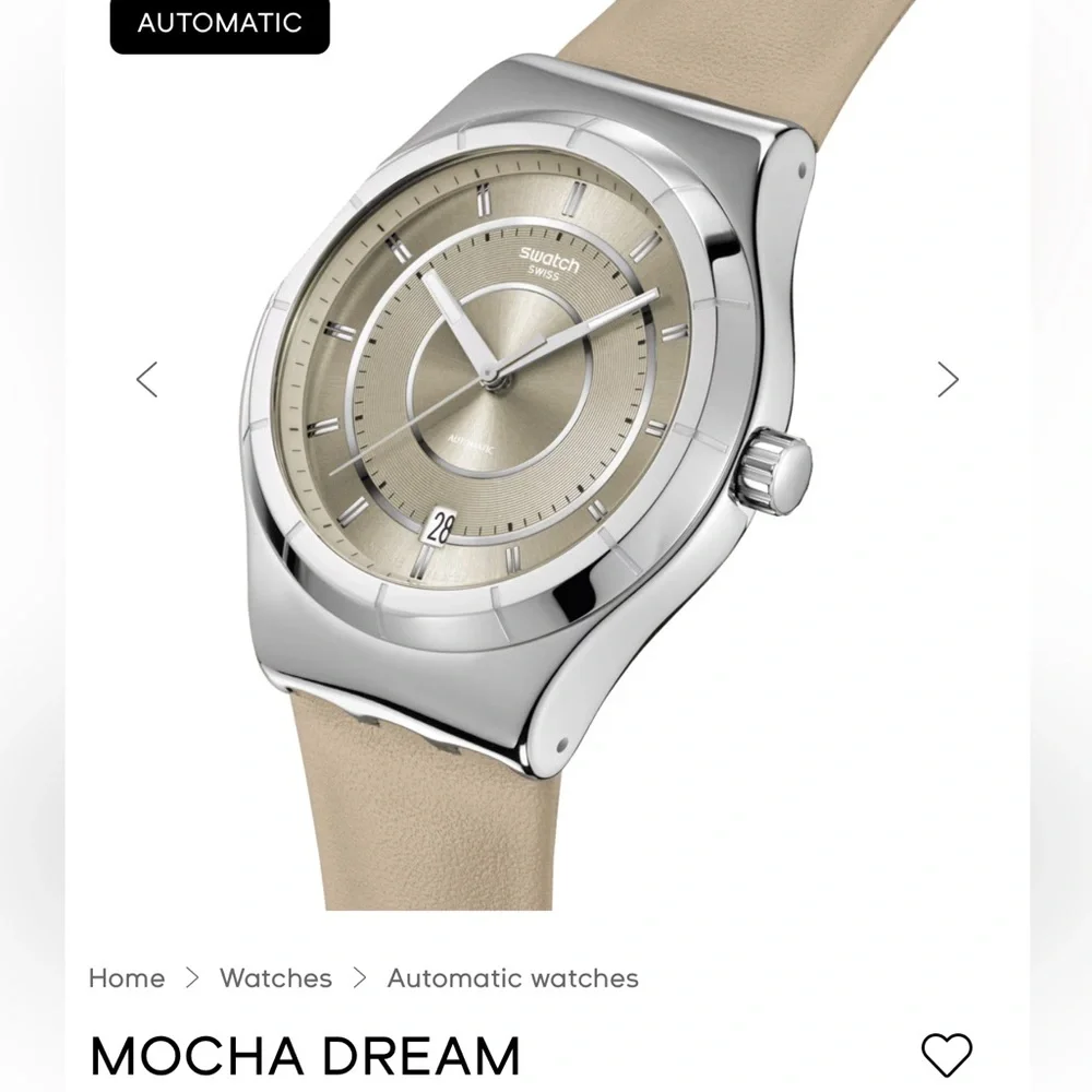 Swatch Taupe-Beige Leather Strap Watch with Silver Case